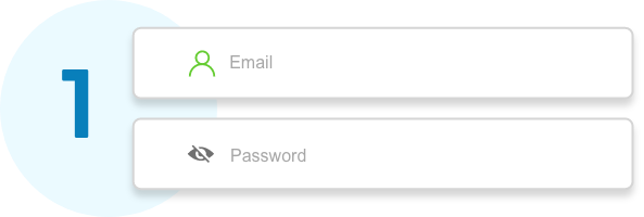 A blue number 1 to indicate step one in a blue circle with an email and password form field next to it