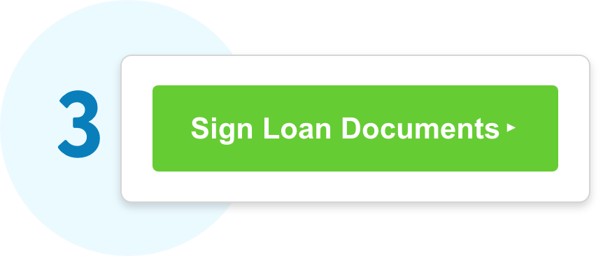 A blue number 3 to indicate step 3 in a blue circle with a while rectangle next to it that has a Sign Loan Documents button inside