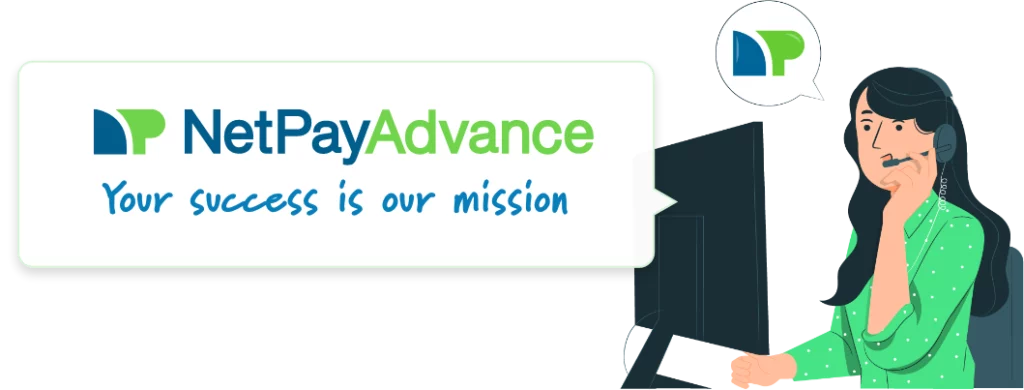 Woman on call center phone call with customer providing assistance with bubble that has the net pay advance logo above the statement your success is our mission
