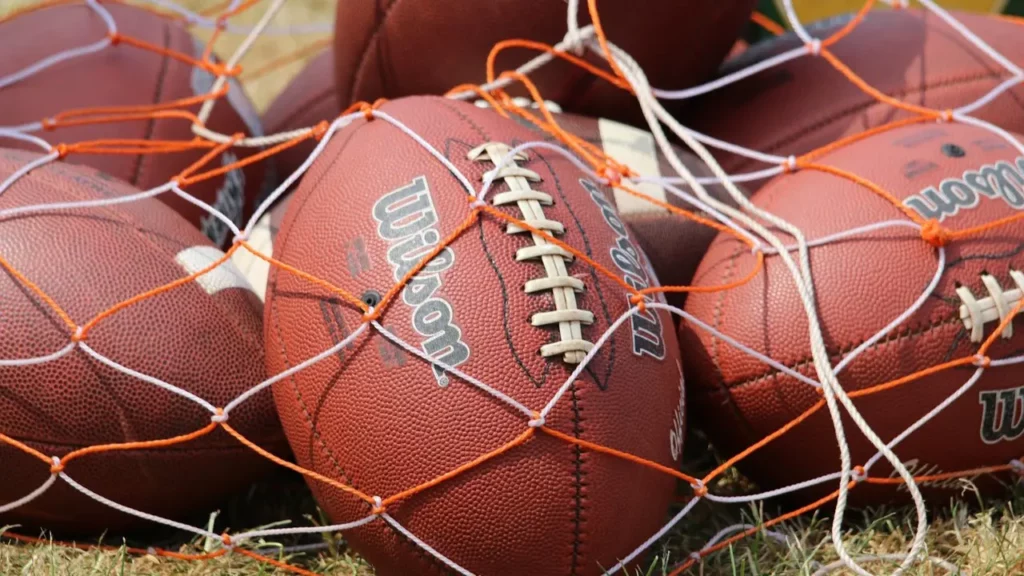 Several footballs covered held within a mesh net.