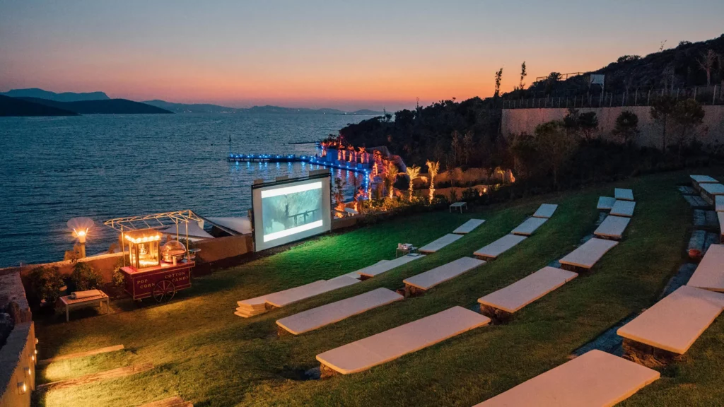 Outdoor screen and seating.