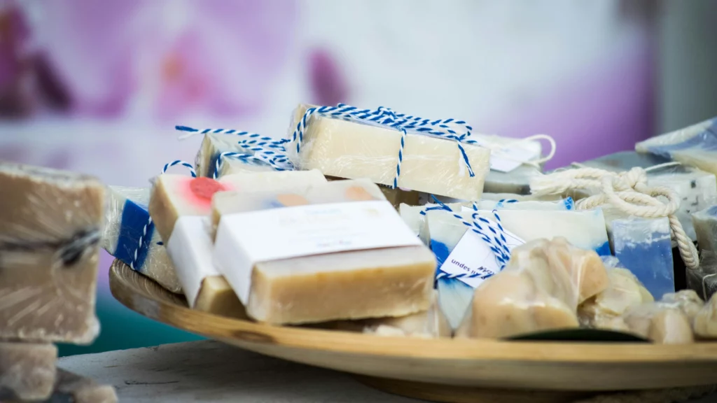 Platter of 4th of July soaps tied with blue and white string. The soap is red, white and blue and makes for a fun 4th of July party favor.