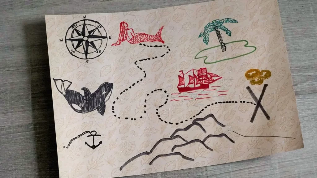 Paper treasure hunt map with a hand-drawn compass on the top-left corner. Other elements like a mermaid, island with palm tree, a ship, coins, an anchor, and an orca are hand-drawn on it. There’s a dotted line to where an X marks the spot.