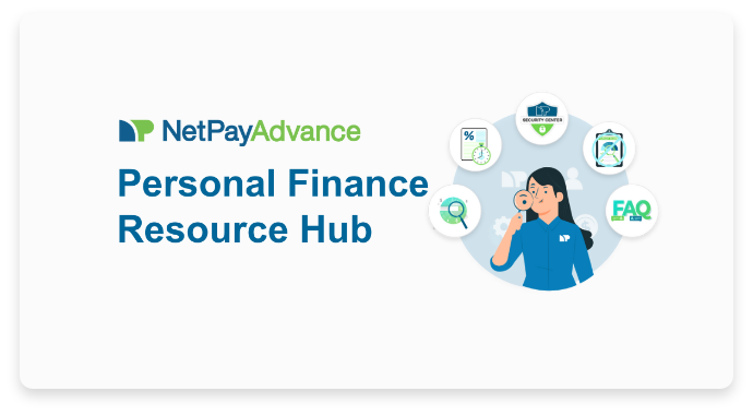 Net pay advance resource hub article image with woman holding a magnifying glass up to her eye surrounded by resource icons.