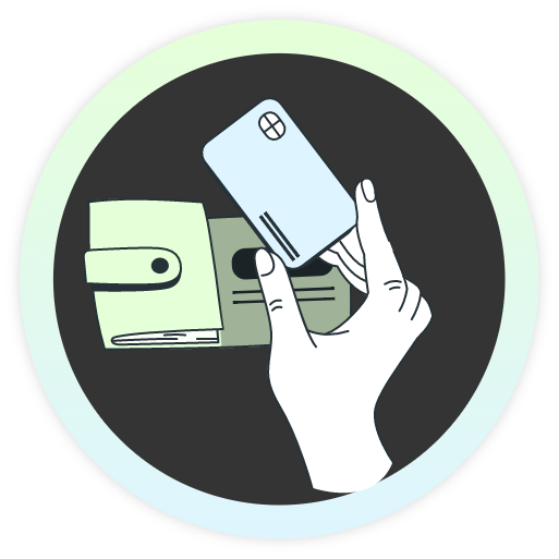 Green and blue graphic of a person taking a credit card out of a wallet