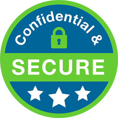 Confidential and Secure graphic with a green lock and three white stars