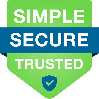 The words simple, secure and trusted on a blue and green badge with a green checkmark