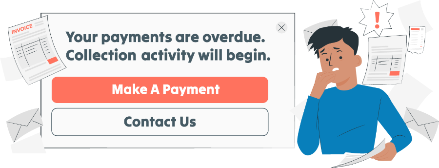 Man receiving notification that his payments are overdue and that collections activity will begin graphic