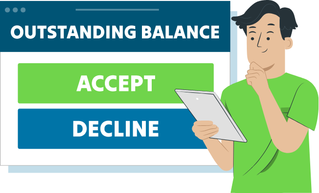 Man looking at outstanding balance notification on tablet graphic