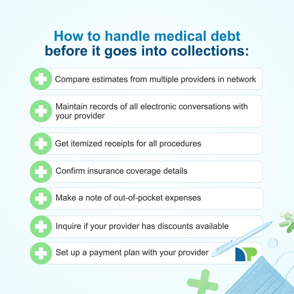 Light blue background bears the heading how to handle medical debt before it goes into collections. Bullets depicted by a green bubble enclosing a white medical cross symbol list the following ways to handle medical debt before it goes into collections: compare estimates from multiple providers in network, maintain record of all electronic conversations with your provider, get itemized insurance coverage details, make note of out-of-pocket expenses, inquire if your provider has discounts available, and set up a payment plan with your provider.