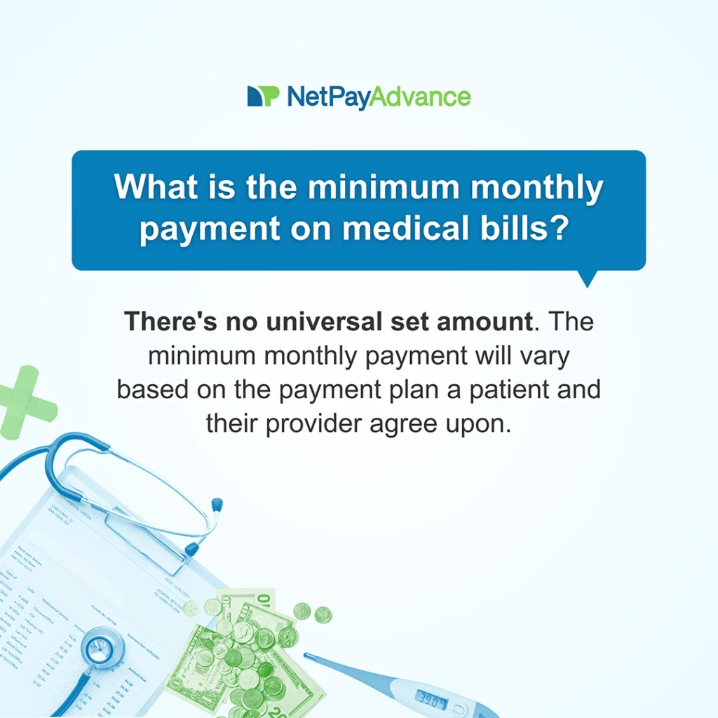 A dark blue speech bubble bears white text saying what is the minimum monthly payment on medical bills. Just below, there is black text explaining that there’s no universal set amount. The minimum monthly payment will vary based on the payment plan a patient and their provider agree upon. Image has a light blue background and bears the Net Pay Advance logo and brand name at the top and a graphic of items like a bill, currency notes, coins, a thermometer, and a stethoscope at the bottom left. 
