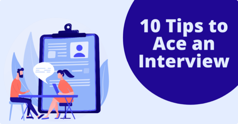 illustration of people sitting down for an interview with text that reads "10 tips to ace an interview"