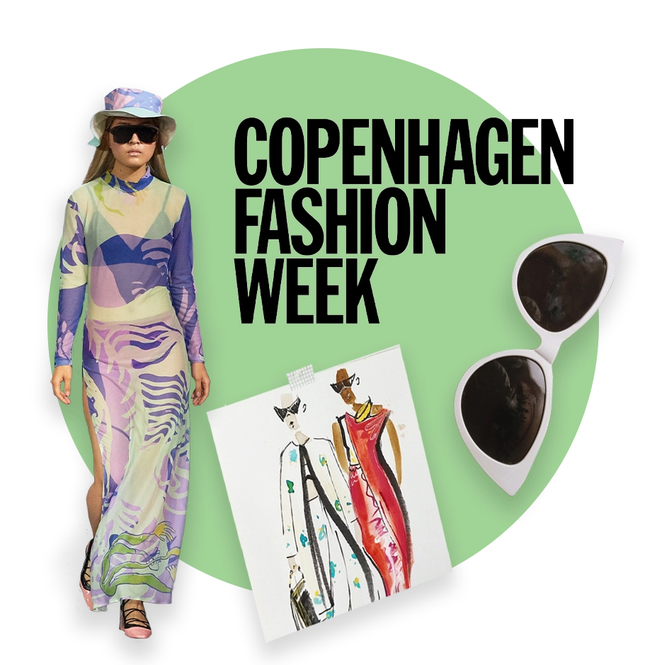 Copenhagen Fashion Week text next to model, magazine cover, and sunglasses over a green circle background
