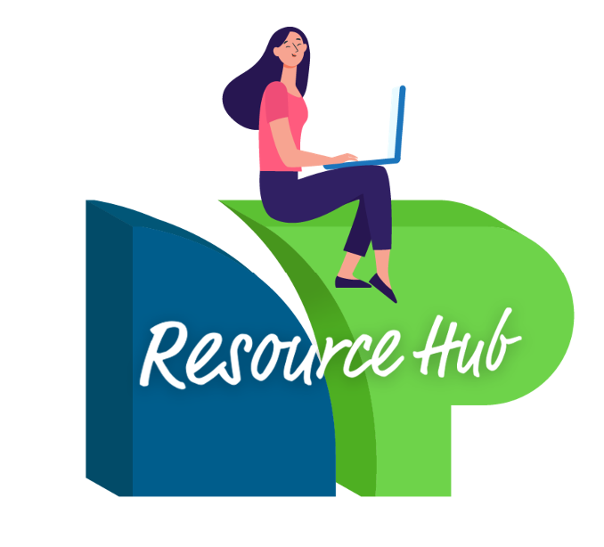 woman sitting with laptop on NP initials with text that reads "resource hub" over the top