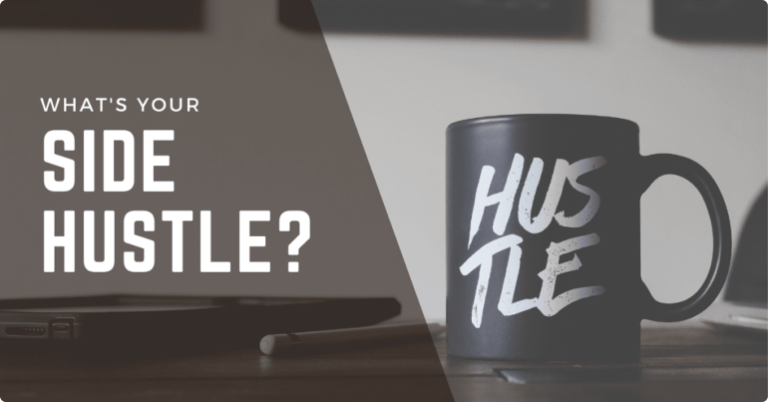coffee cup on table with the world "hustle" printed on it