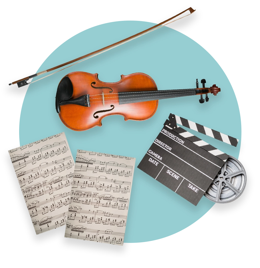 violin, sheet music, and clapperboard on top of a blue circle background