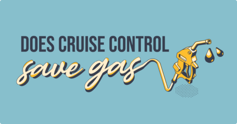"Does cruise control save gas" text that extends into illustration of a gas pump