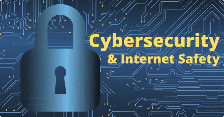 cybersecurity chip background with lock icon and text that reads "cybersecurity & internet safety"