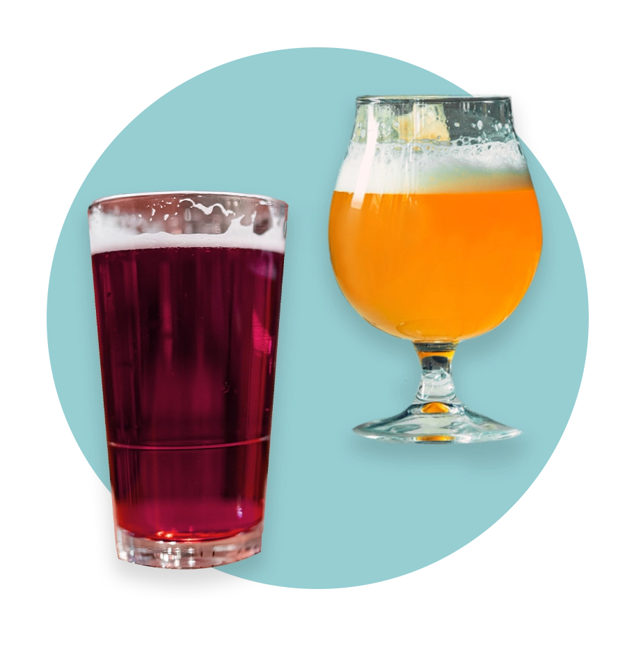 two glasses of sour craft beer with blue circle for background
