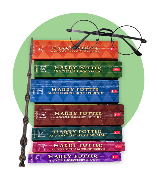 Harry Potter wand leaning against stack of Harry Potter books and Harry Potter glasses