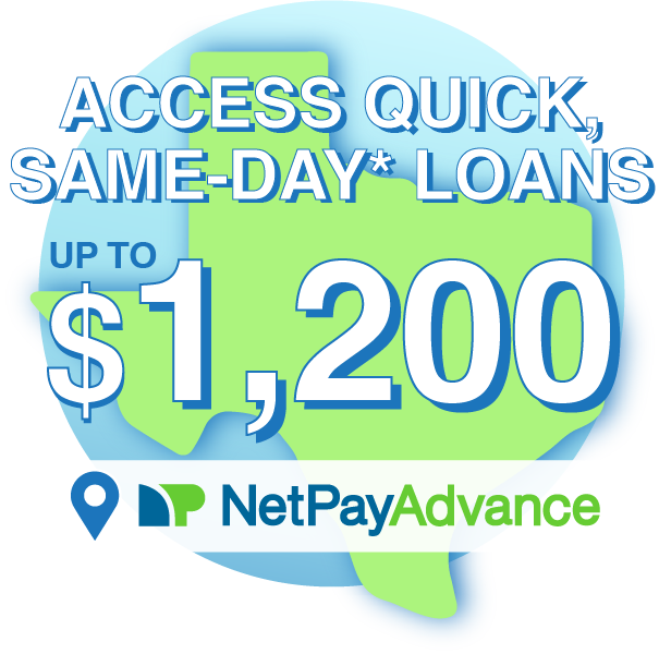 Image that reads "Quick, same day loans up to $1,200" in front of a shape of texas in green