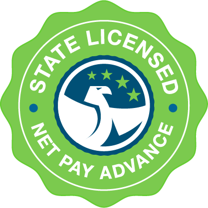 This badge shows that Net Pay Advance is a 'state licensed direct lender'. In the center is the image of a bald eagle and 4 stars.