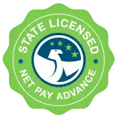 This badge shows that Net Pay Advance is a 'state licensed direct lender'. In the center is the image of a bald eagle and 4 stars.
