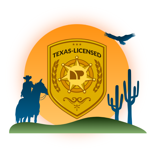 Huge badge that says Texas-licensed with cowboy next to it