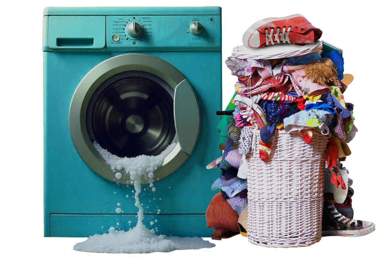 A basket full of laundry outside a broken washer